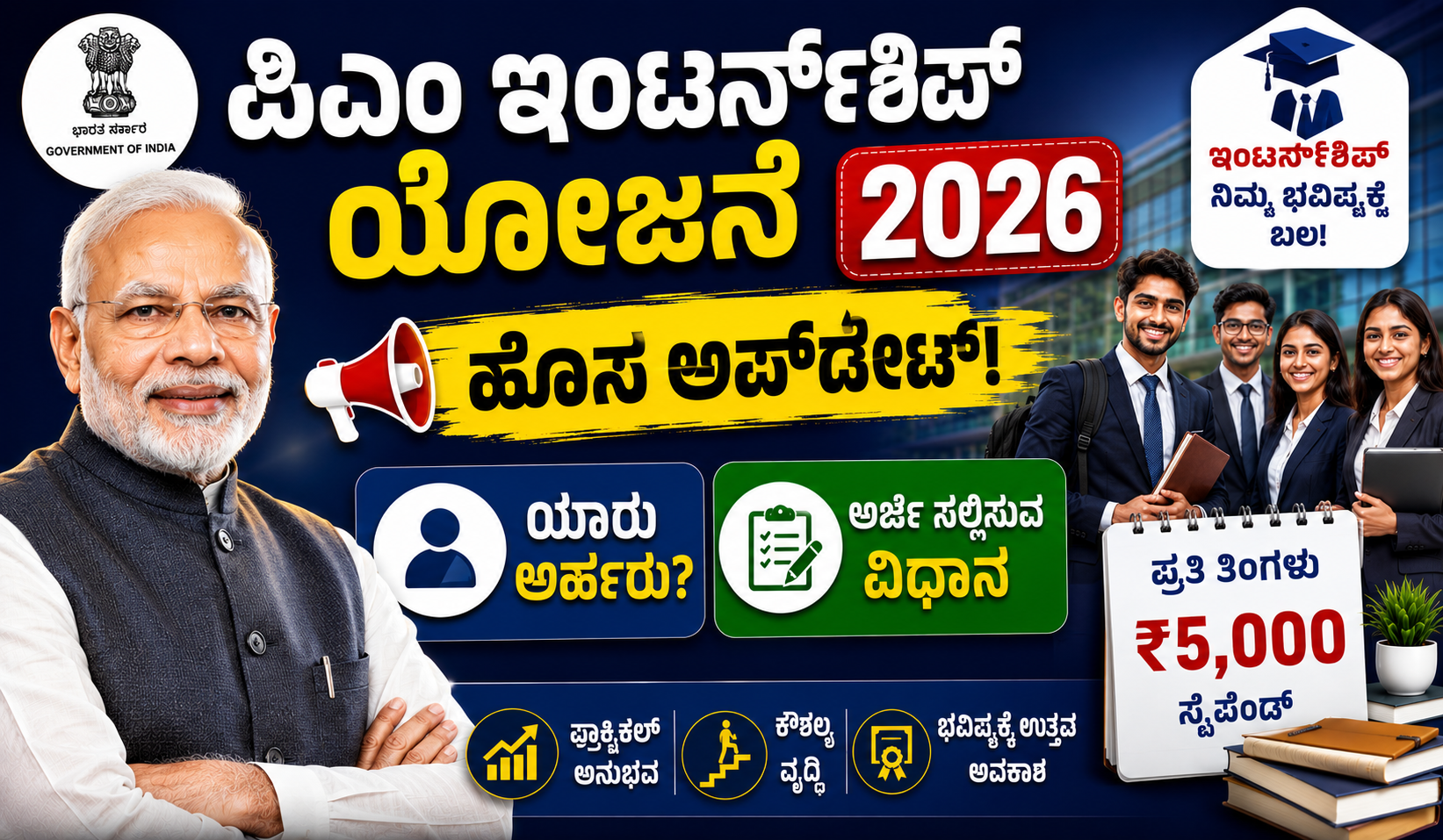 PM Internship Scheme 2026 Monthly ₹5000 Stipend and ₹6000 Extra Financial Assistance PM Internship Scheme 2026 ₹5000 stipend ₹6000 additional assistance for students and youth in Karnataka