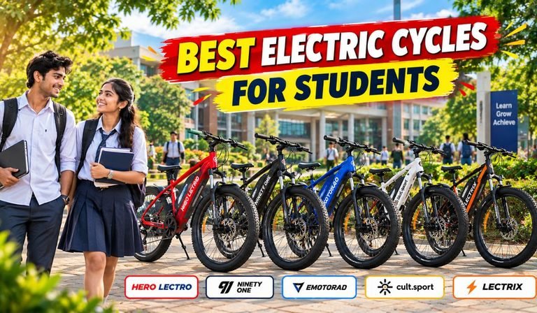 Best electric cycle for students in India featuring five electric cycle models from different brands.